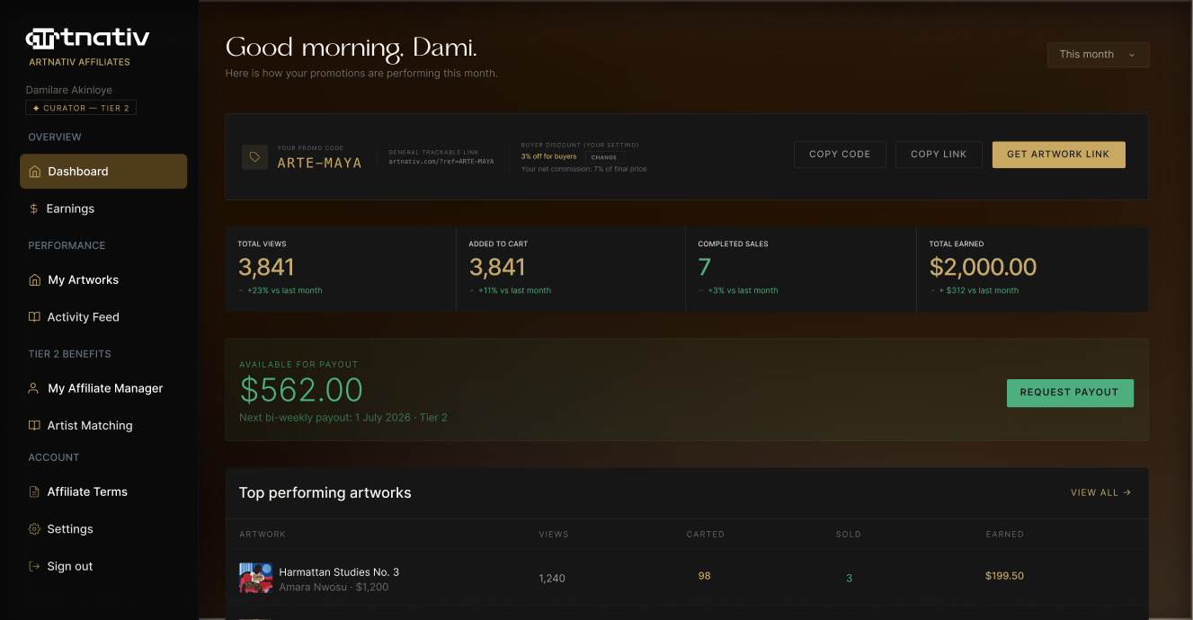 ArtNativ affiliate dashboard preview