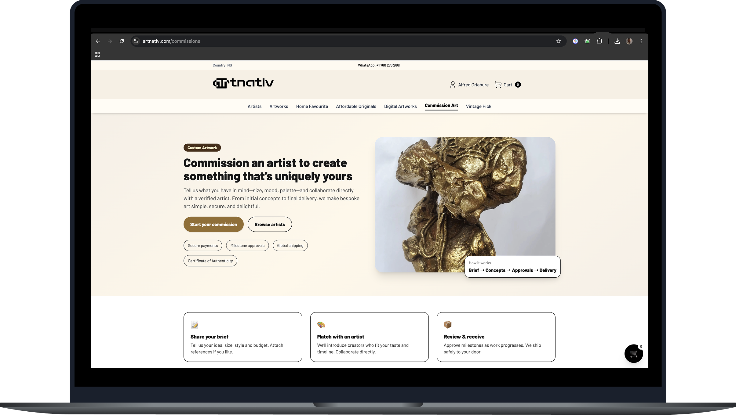ArtNativ commissions page shown on a laptop